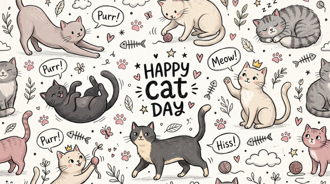 Happy Cat Day illustration with cute hand drawn cat doodles, cartoon kittens playing, sleeping, and meowing, seamless pattern elements for greeting cards and banners.