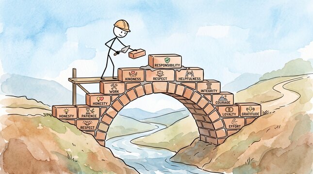Stickman building a brick bridge with core values and virtues