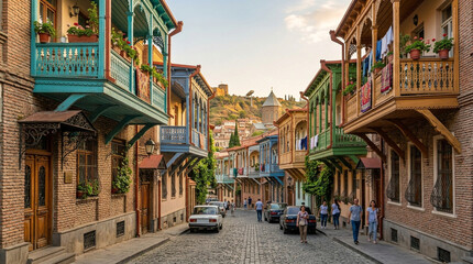 Fototapeta premium Colorful historic street with wooden balconies and cobblestones in Tbilisi, Georgia