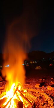 Luminous campfire illuminates a sprawling campsite, camping gear, outdoor