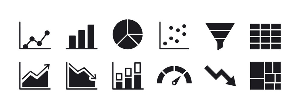 Set of business and data analysis icons, including charts, graphs, diagrams, and analytical tools