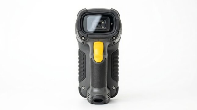 Barcode reader stands vertically against a seamless white background, highlighting the contrast between the dark grey rubberized handle and the vibrant yellow activation button mechanism.