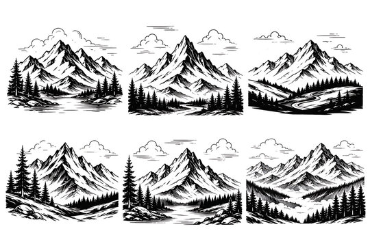 Hand Drawn Vintage Mountain Landscapes Monochrome Vector Illustration Set