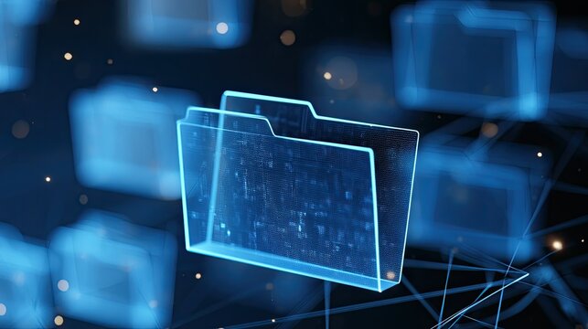Futuristic digital folders and abstract network lines glow