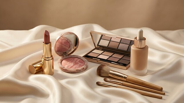 Set of beauty makeup products including lipstick eyeshadow palette and brushes on a soft fabric cloth. high-end makeup sale