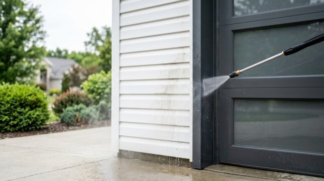 Pressure washing wand spraying water on white horizontal siding of house to remove dark stains and dirt during maintenance.
