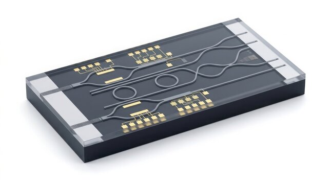 Optical chip showcases intricate light-guiding pathways and geometric circular resonators etched into a sleek, dark semi-conductive plate for photonic computing research tasks.