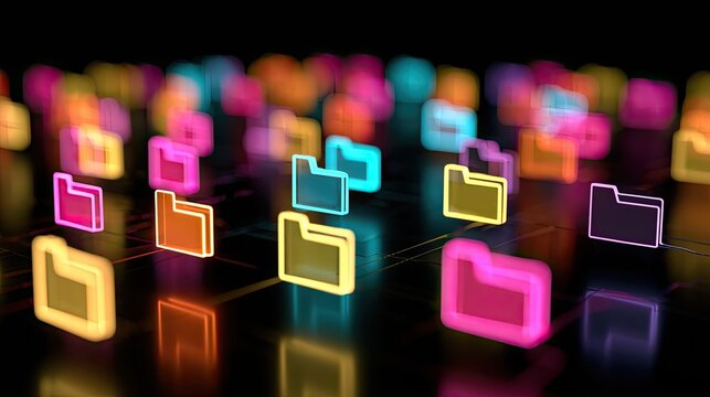 Glowing digital folders arranged in a colorful network, reflecting light