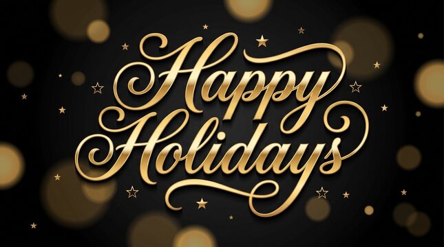 Elegant gold happy holidays calligraphy greeting card design with bokeh stars background with luxurious gold