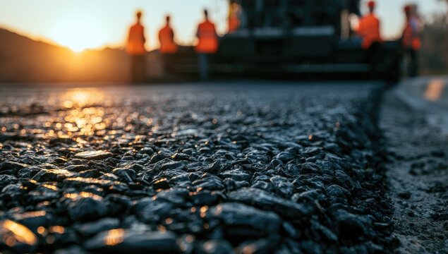 Close-up of fresh asphalt being laid on a road at sunrise with workers