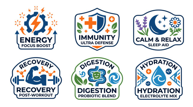 Health and Wellness Supplement Logo Collection with Six Badges