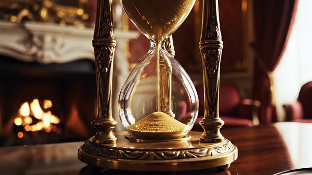 Ornate hourglass on a polished table with a fireplace in the background