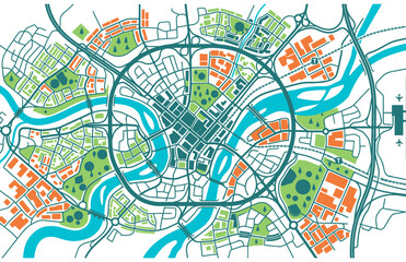 Fototapeta premium Abstract illustrative map showing a modern city layout with roads and river.