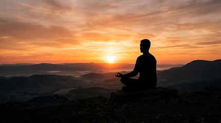 Fototapeta premium Silhouette of a man meditating in lotus position on a mountain top during a scenic sunrise with meditation silhouette mountain
