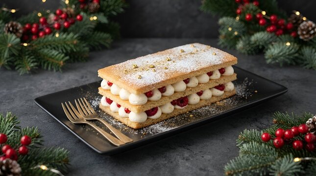 A delicious layered mille feuille pastry with cream and red berries, dusted with powdered sugar, served on a black plate with pine branches