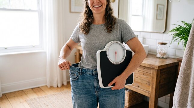Happy woman holding a weight scale while wearing loose fitting blue jeans to show successful weight loss progress at home