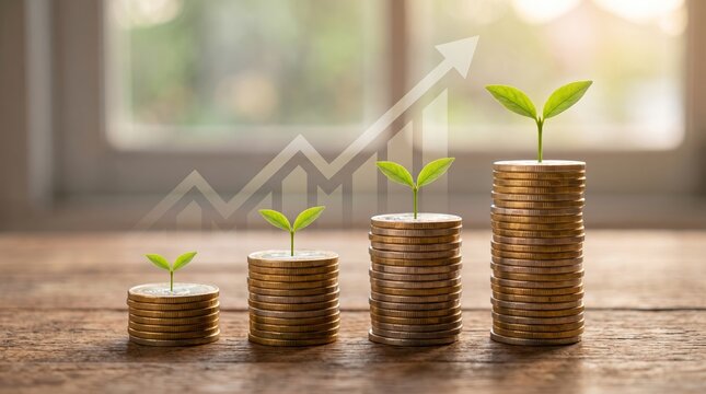 Stacked coins with green sprouts symbolizing financial growth