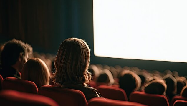 Viewers in dark theater anticipate a brightly lit blank screen
