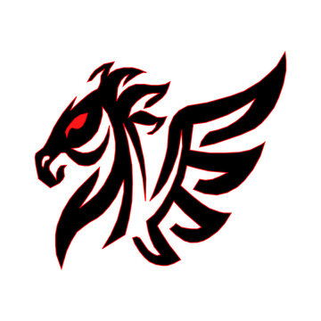 Detailed black and red tribal illustration of a phoenix griffin head with sharp fire wings. Ideal for gaming mascots, sports team branding, and apparel illustrations.