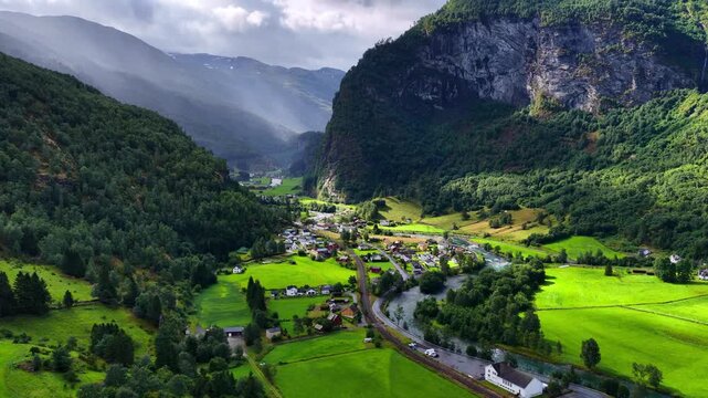 Aerial view of Flam village in Norway, beautiful Norwegian nature in Flam valley, famous Flam railway along Moldo river, beautiful western Norway, travel and tourism in Scandinavia
