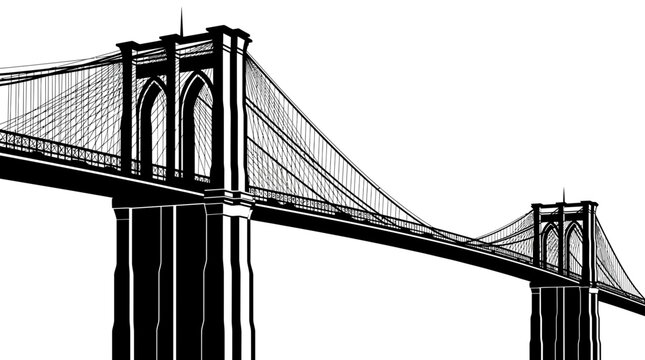 Brooklyn bridge illustration featuring sharp black silhouettes against a clean minimalist isolated stark white background