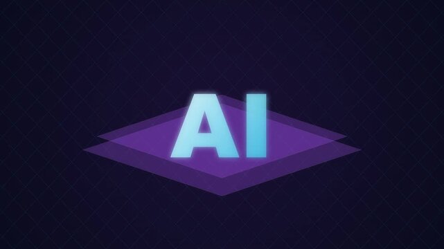 Futuristic 3D AI logo design with glowing purple geometric cube background