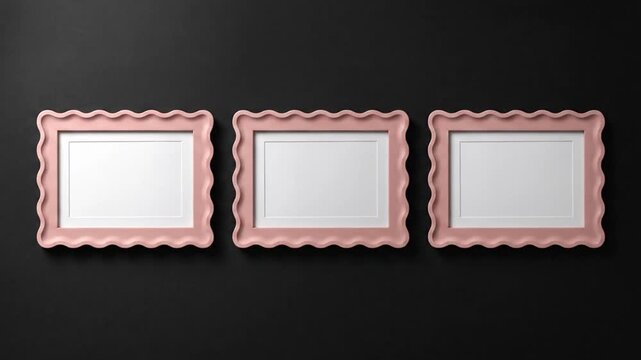 Three pink ornate frames on dark wall