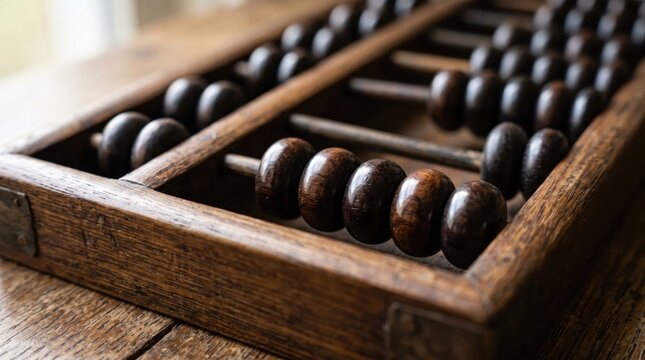 Wooden abacus bead antique calculator arithmetic education tool closeup on rustic table, polished dark bead, wood frame, vintage learning object, shallow depth of field