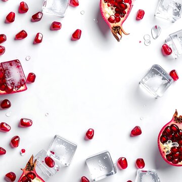 Fresh pomegranate seeds and ice cubes on white background.