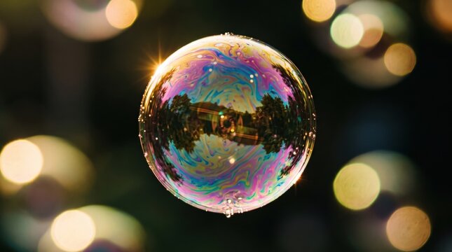 Soap bubble sunlight floating rainbow reflection bokeh iridescent sphere shimmer light delicate transparent bubble drifting through warm sunlight with colorful glow