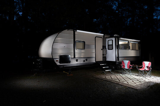 RV set up for glamping at night