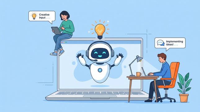 Artificial intelligence collaboration and digital workflow, developers working on laptop with robot interface
