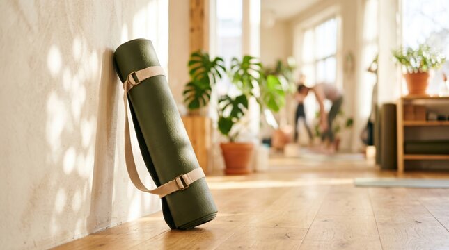 Yoga mat rolled wall strap green studio wellness exercise floor plant in bright indoor space with soft sunlight calm fitness setting blurred person