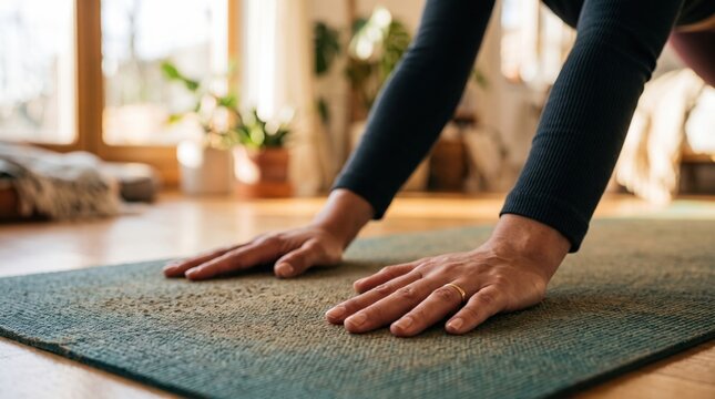Hands, stretching, yoga mat, exercise, fitness, home workout with calm adult leaning forward on textured floor mat during indoor wellness practice