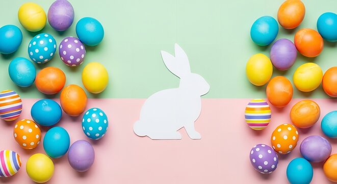 Colourful Easter Eggs Border with White Bunny Silhouette on Pastel Background