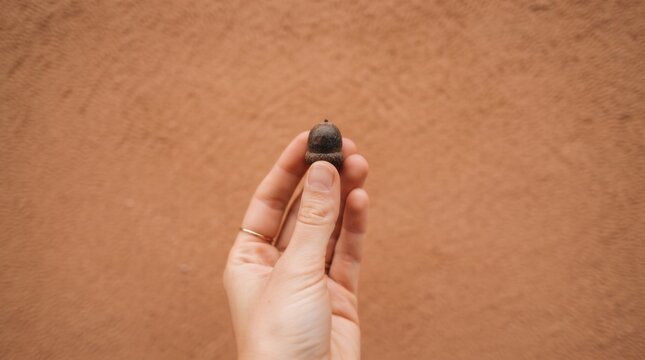 Hand seed holding finger palm small single closeup brown wall hand holding single small seed between finger, closeup detail against brown textured wall, simple natural concept for planting, growth