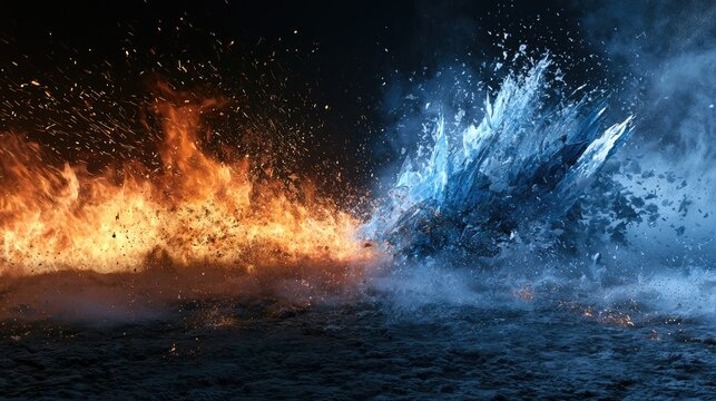 Intense clash between raging fire and exploding ice shards