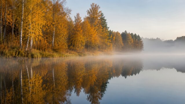 Herbstmorgen an einem stillen See in Polen: Goldene Birken spiegeln sich im ruhigen Wasser, w&auml;hrend feiner Nebel aufzieht &ndash; ideales Reisebild f&uuml;r Natur, Ruhe und Weite.
