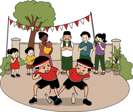 Two competitive boys accidentally knocking over a glass bottle during a traditional Independence Day race while neighbors watch with amused expressions.