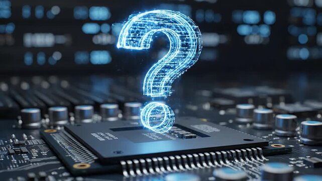 Digital question mark hovers over a futuristic circuit board, symbolizing mystery and tech