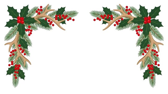 Festive corner borders featuring decorative deer antlers intertwined with green holly leaves and bright red berries for holiday season design projects
