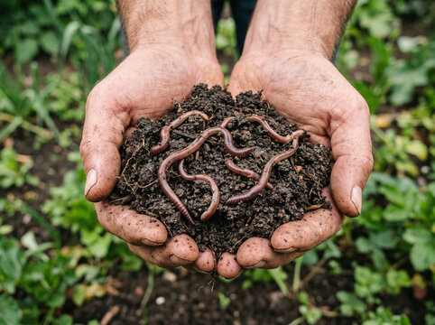 Person holding fresh dark soil with earthworms in hands outdoors