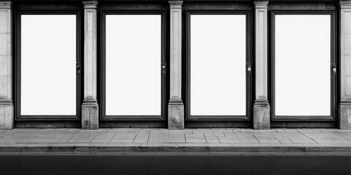 Four blank display windows with ornate framing on a building facade