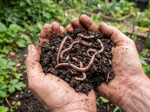 Close up of hands holding dark fertile soil with many earthworms in a green garden setting