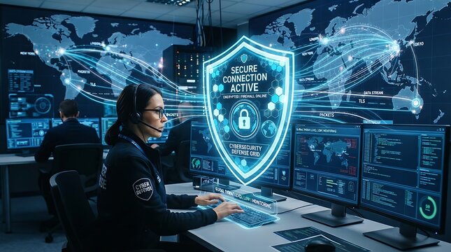 Cybersecurity specialist monitoring global data streams and secure digital shield interface with cybersecurity analyst professional technology
