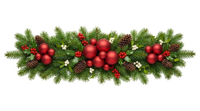 Festive christmas garland composed of lush green pine branches decorated with vibrant red ornaments pinecones holly berries and white mistletoe