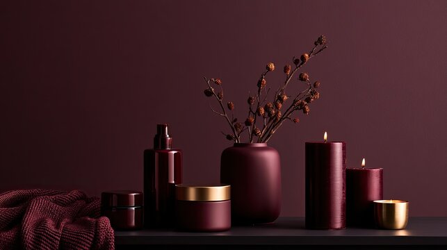Rich, dark ambiance with warm candlelight and dried botanicals