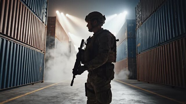 Soldier stands watch amidst stacked containers and atmospheric fog
