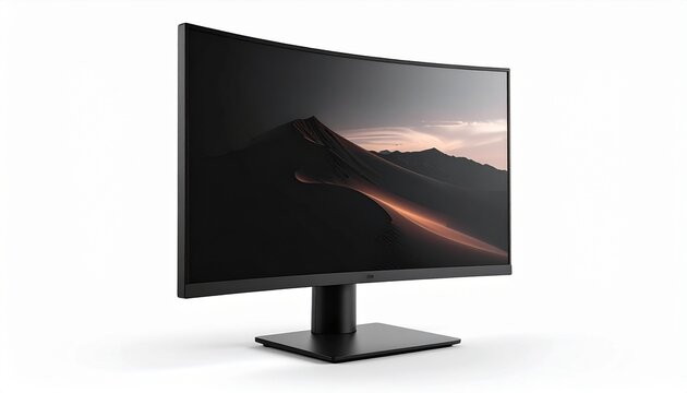 Sleek curved widescreen monitor with black display and minimalist stand, symbolizing modern technology, productivity, and immersive digital workspace design.
