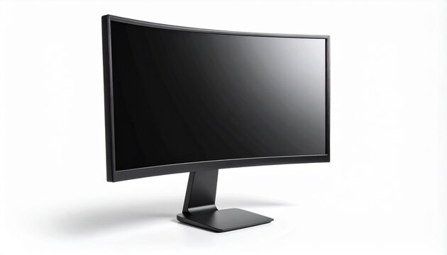 Sleek curved widescreen monitor with black display and minimalist stand, symbolizing modern technology, productivity, and immersive digital workspace design.